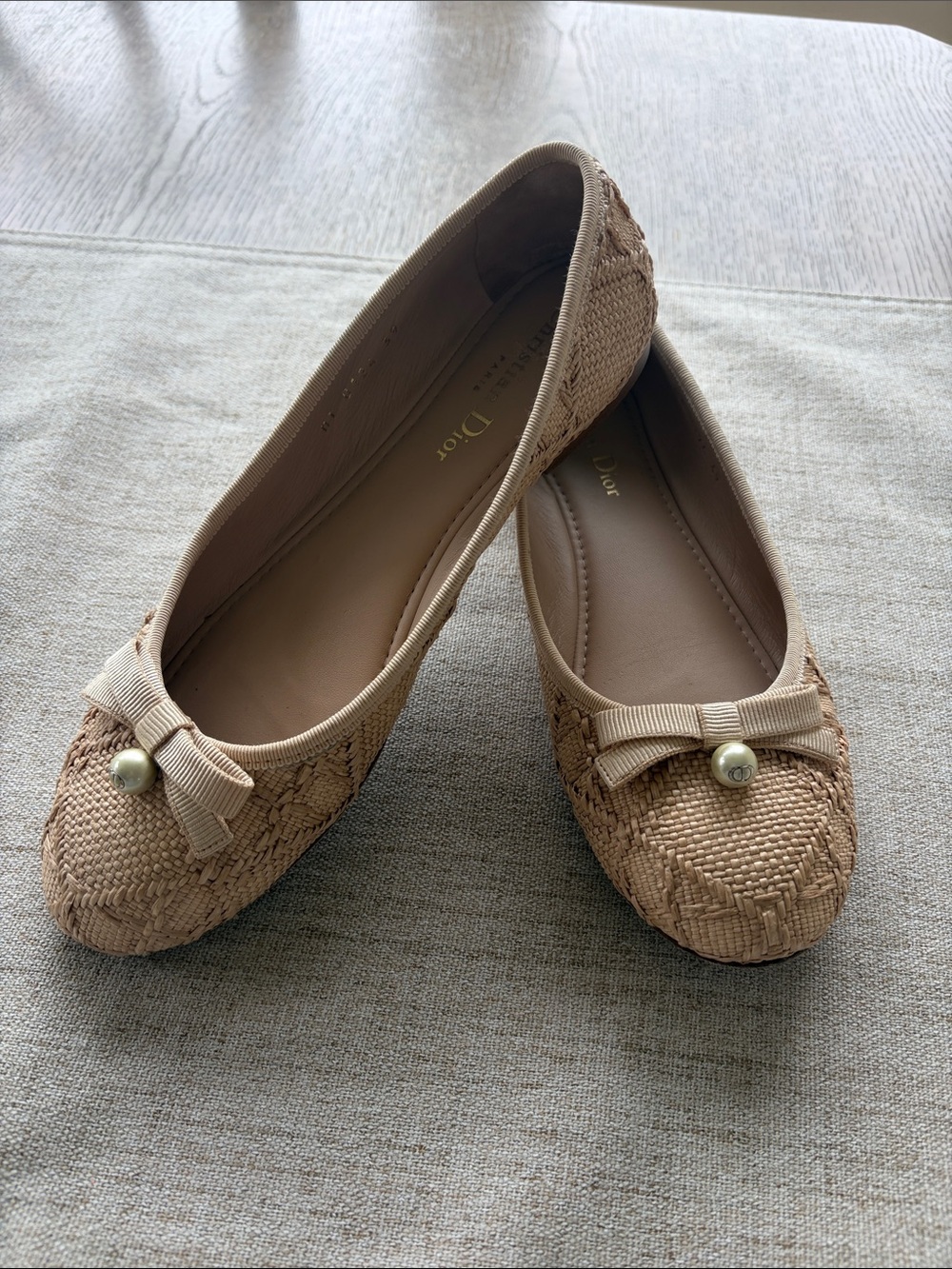 Dior Nude Raffia Bow Pearl-Accent Ballet Flats